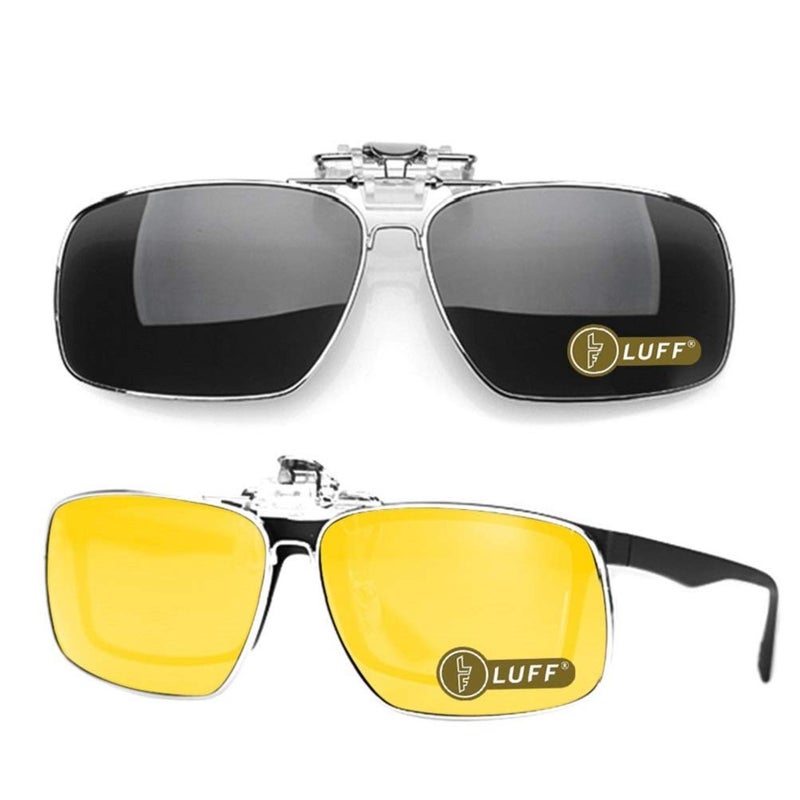 LUFF 2-Pack Polarized Clip-on Sunglasses for Men/Women Flip Up for Safty Driving (Black-Yellow) - Image 1
